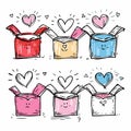 Handdrawn colorful gift boxes hearts love concept happy surprise. Sketch presents smiling faces Royalty Free Stock Photo