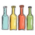 Handdrawn colorful glass bottles illustration, capped bottle set, beverage containers. Variety