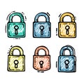 Handdrawn colorful padlocks, six security locks cartoon. Different shades padlocks, doodle style