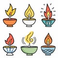 Handdrawn colorful vector illustrations six different candles, candle unique design. Six assorted