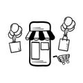 Handdrawn concept of online shopping on social media app illustration isolated in doodle style Royalty Free Stock Photo