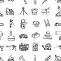 Handdrawn construction tools and equipment set doodle icons. Seamless pattern black sketch. Sign cartoon symbol. Decoration Royalty Free Stock Photo