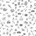 Handdrawn construction tools and equipment set doodle icons. Seamless pattern black sketch. Sign cartoon symbol. Decoration Royalty Free Stock Photo