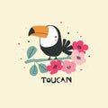 Handdrawn funny toucan bird with tropical flowers. Vector