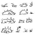 Handdrawn grass fresh spring plants, different herbs and bushes in doodle cartoon style vector