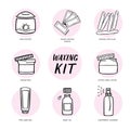 Handdrawn hair removal icons set. Waxing kit