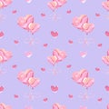 Handdrawn heart balloon seamless pattern. Watercolor pink hearts and balloons on the milky blue background. Scrapbook design, Royalty Free Stock Photo