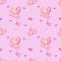 Handdrawn heart balloons seamless pattern. Watercolor pink hearts and love letter on the pink background. Scrapbook design, Royalty Free Stock Photo
