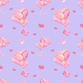 Handdrawn heart balloons seamless pattern. Watercolor pink hearts and love letter on the milky blue background. Scrapbook design, Royalty Free Stock Photo