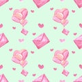 Handdrawn heart balloons seamless pattern. Watercolor pink hearts and love letter on the mint background. Scrapbook design, Royalty Free Stock Photo