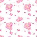 Handdrawn heart balloons seamless pattern. Watercolor pink hearts and love letter on the white background. Scrapbook design, Royalty Free Stock Photo