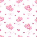 Handdrawn heart balloons seamless pattern. Watercolor pink hearts and balloons on the white background. Scrapbook design, Royalty Free Stock Photo