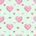 Handdrawn heart seamless pattern. Watercolor pink and cream heart on the mint background. Scrapbook design, typography poster, Royalty Free Stock Photo