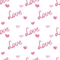 Handdrawn heart seamless pattern. Watercolor pink hearts and love signs on the white background. Scrapbook design, typography Royalty Free Stock Photo