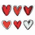 Handdrawn hearts collection, sketch style love symbols, red muted colors. Set artistic hearts Royalty Free Stock Photo