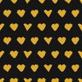 Cartoon hearts seamless vector pattern. Yellow shapes on black background.