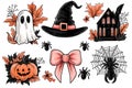 Halloween Witch Hat Ghost Pumpkin Spiders Web Bow Royalty Free Stock Photo