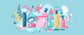 Handdrawn illustration of household cleaning supplies in flat style. Washing tools modern cartoon illustration: bucket Royalty Free Stock Photo