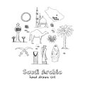 Handdrawn Illustration of Saudi Arabia Landmarks and icons with country English Arabic Modern doodle sketch vector