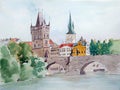 Handdrawn illustration. Watercolor color landscape of Prague, Charles Bridge