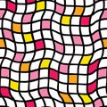 Handdrawn irregular grid. Vector seamless pattern. Black grid with yellow, orange, and pink colored squares. Optical Illusion.