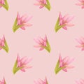 Handdrawn lily seamless pattern. Watercolor pink lily with green leaves on the pink background. Scrapbook design elements. Royalty Free Stock Photo