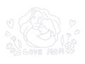 Handdrawn mom hugging child, mother\'s day concept. Black and white dotted line drawing