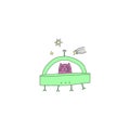 Handdrawn mystical cat UFO in Space. Cartoon doodle stupid style. Halloween fairy tale theme. Vector