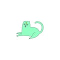 Handdrawn mystical green witch cat. Cartoon doodle stupid style. Halloween, pagan, witchcraft and fairy tale theme. Vector