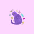 Handdrawn mystical witch cat in Space. Cartoon doodle stupid style. Halloween, pagan, witchcraft and fairy tale theme. Vector