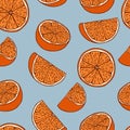 Handdrawn orange fruit seamless pattern on blue background