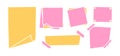 Handdrawn paper sheets with sticky tape and pins. Pink and yellow blank paper pages for memos and messages. Colored