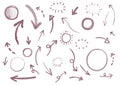 Handdrawn pencil pink  set of arrows and circles sketches Royalty Free Stock Photo