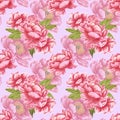 Handdrawn peony flowers seamless pattern. Watercolor red peony with green leaves on the dusty rose background. Scrapbook design, Royalty Free Stock Photo