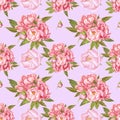 Handdrawn peony flowers seamless pattern. Watercolor red and pink peony with green leaves on the dusty rose background. Scrapbook Royalty Free Stock Photo