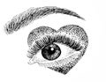 Handdrawn portrait illustration of woman eye with long lashes and dotted heart