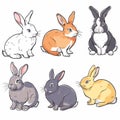 Handdrawn rabbits collection illustrations, various poses colors fluffy pets. Six cartoon bunnies