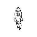 Handdrawn rocket doodle icon. Hand drawn black sketch. Sign symbol. Decoration element. White background. Isolated. Flat design.