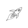 Handdrawn rocket doodle icon. Hand drawn black sketch. Sign symbol. Decoration element. White background. Isolated. Flat design.