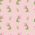 Handdrawn roses buds seamless pattern. Watercolor pink buds with green leaves on the pink background. Scrapbook design elements. Royalty Free Stock Photo