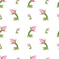 Handdrawn roses buds seamless pattern. Watercolor pink buds with green leaves on the white background. Scrapbook design elements. Royalty Free Stock Photo