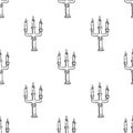 Handdrawn seamless pattern candlestick doodle icon. Hand drawn black sketch. Sign cartoon symbol. Decoration element. White Royalty Free Stock Photo