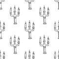 Handdrawn seamless pattern candlestick doodle icon. Hand drawn black sketch. Sign cartoon symbol. Decoration element. White Royalty Free Stock Photo