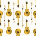 Handdrawn seamless pattern with country music symbols - notes, guitar, stars and elements Royalty Free Stock Photo