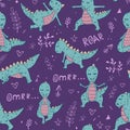 Handdrawn seamless pattern with dino in yoga asanas Royalty Free Stock Photo