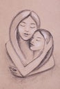 Handdrawn sketch portrait of mother and kid hugging