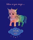 Handdrawn smiling unicorn chibi and phrase dreams are real isolated on the blue background. Vector illustration