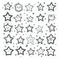 Handdrawn star sketch collection, hand drawn pentagram icons isolated, doodle stars shapes
