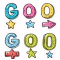 Handdrawn style colorful letters spelling GO twice, stars arrow doodles. Cartoonlike graphics, fun