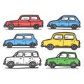 Handdrawn style set compact cars illustrated various colors, reminiscent classic British design